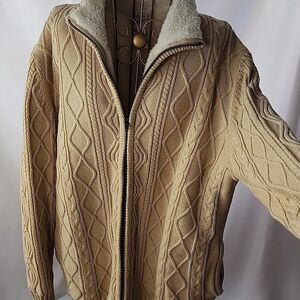 Neutral Color Fleece Lined Cable Knit Zip Up Sweater Jkt Eclectic Grandpa Unisex